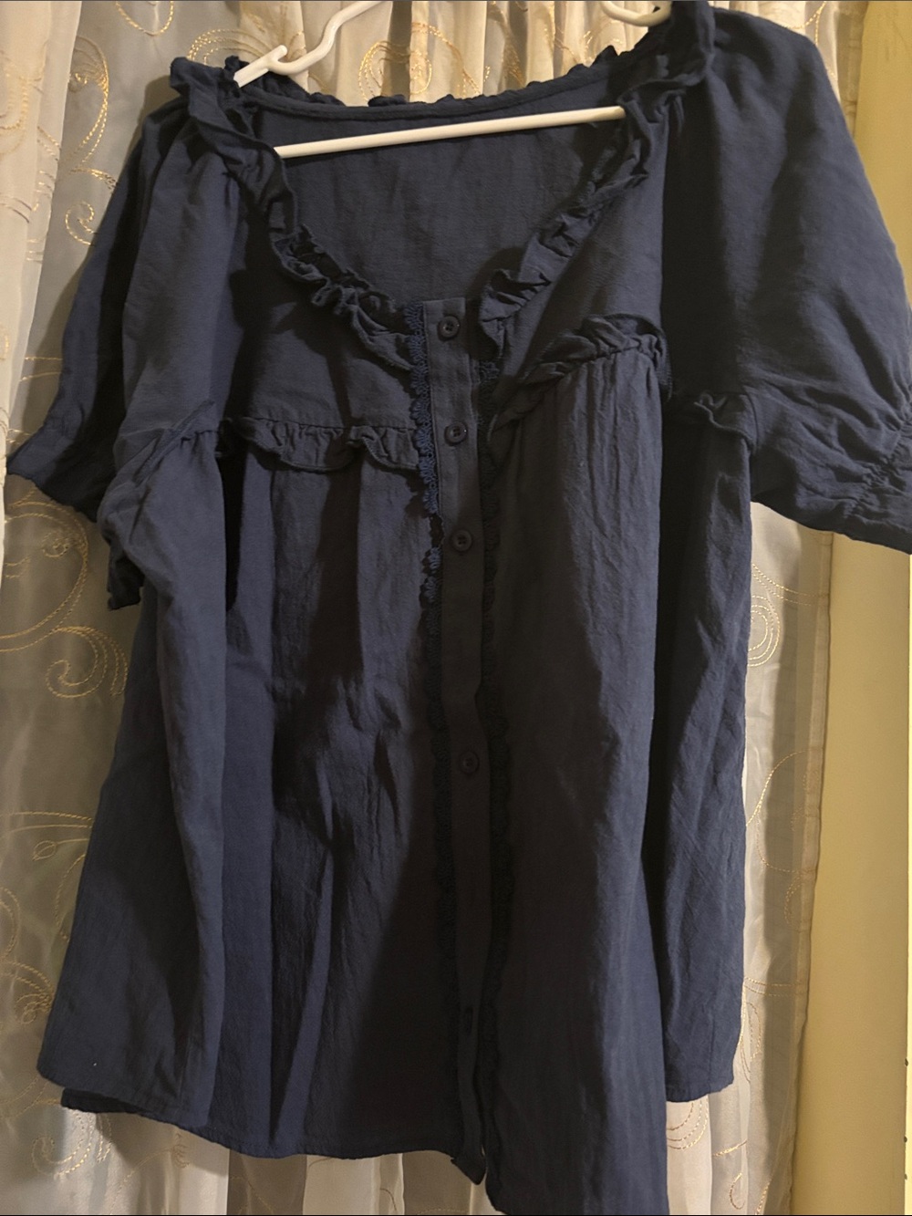 SHEIN Navy Blue Ruffle Button-Front Blouse